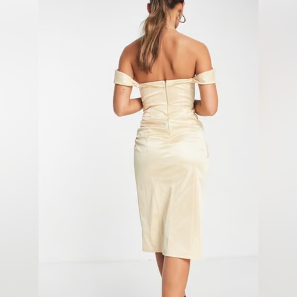 ASOS DESIGN off shoulder bardot tuck midi dress in satin gold-Neutral - Picture 3 of 6